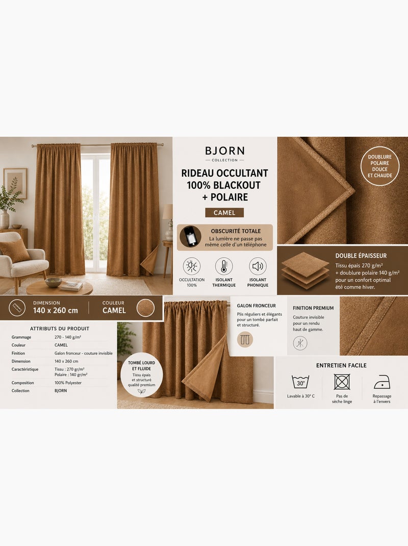 Lot de 2 rideaux blackout – occultant polaire – galon fronceur Marron - Kiabi