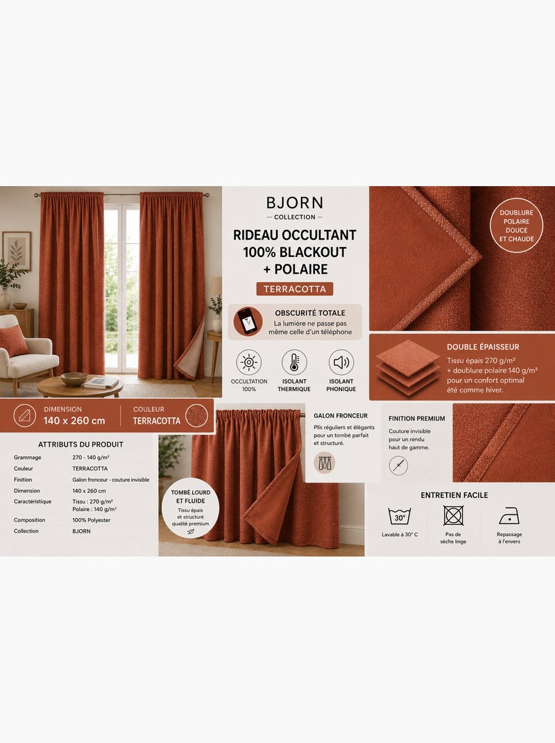 Lot de 2 Rideaux Blackout – Occultant Polaire – Galon Fronceur Terracotta - Kiabi