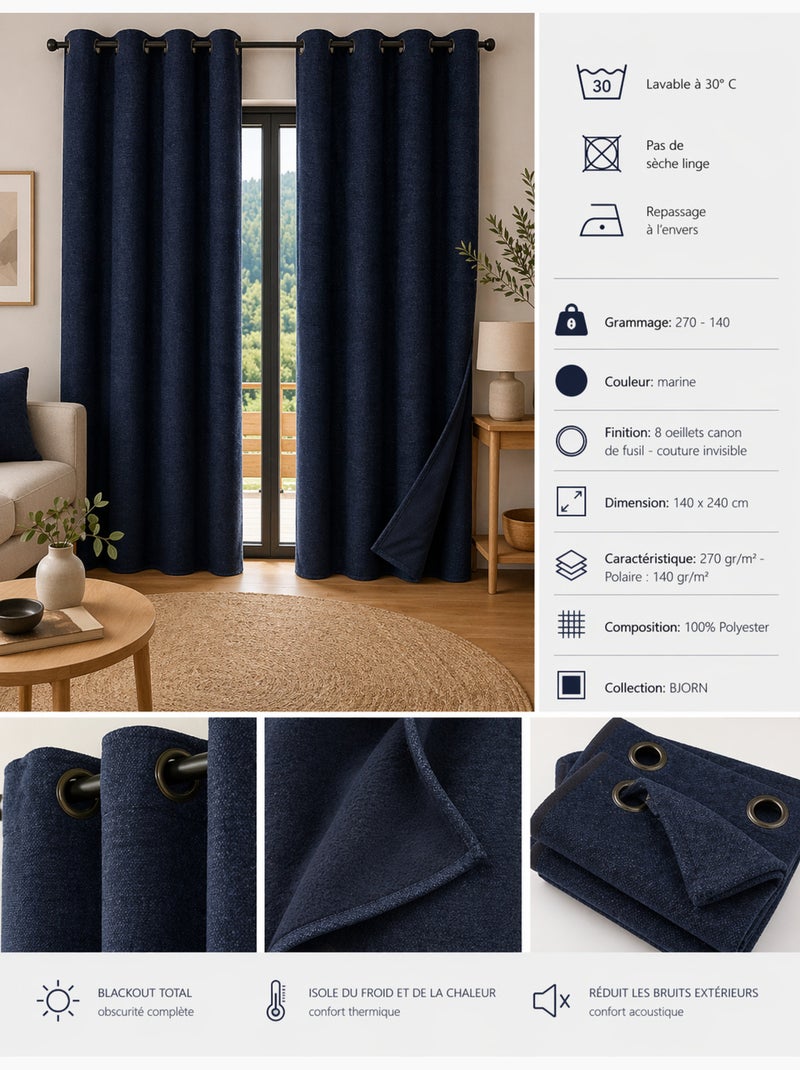 Lot de 2 Rideaux – Blackout total & Thermique – Double polaire Bleu - Kiabi
