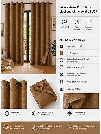 Lot de 2 Rideaux – Blackout total & Thermique – Double polaire