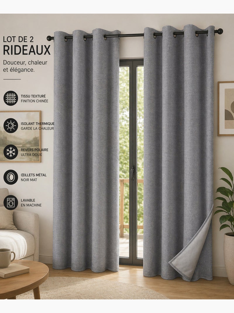 Lot de 2 Rideaux – Blackout total & Thermique – Double polaire Gris - Kiabi