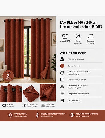Lot de 2 Rideaux – Blackout total & Thermique – Double polaire