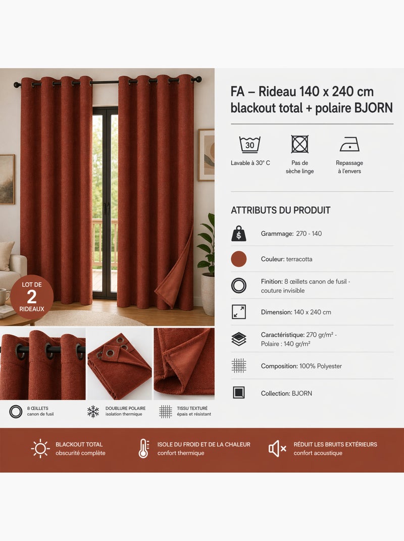 Lot de 2 Rideaux – Blackout total & Thermique – Double polaire Terracotta - Kiabi