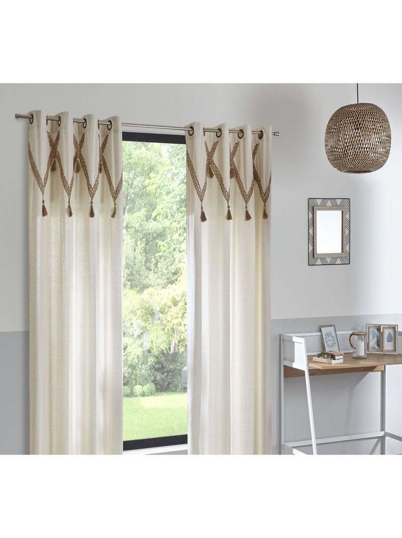 Lot de 2 rideaux en coton et en jute avec pompons CARMEN Beige - Kiabi