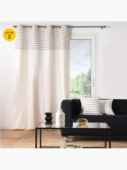 Lot de 2 Rideaux tamisant coton recyclé + fils coupés Linechic - Kiabi