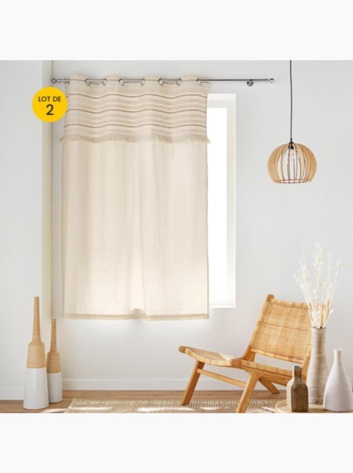 Lot de 2 Rideaux Tamisants à Œillets – Coton Uni + Top Rayé à Franges – Atlas - Kiabi