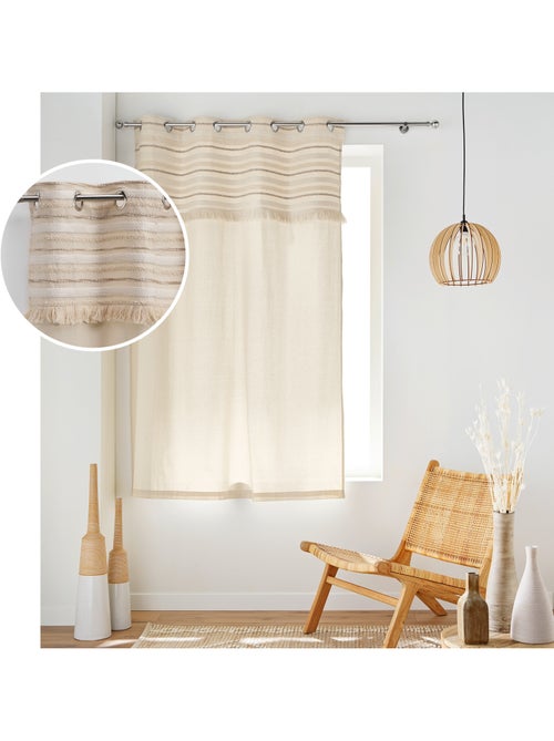 Lot de 2 Rideaux Tamisants à Œillets – Coton Uni + Top Rayé à Franges – Atlas - Kiabi