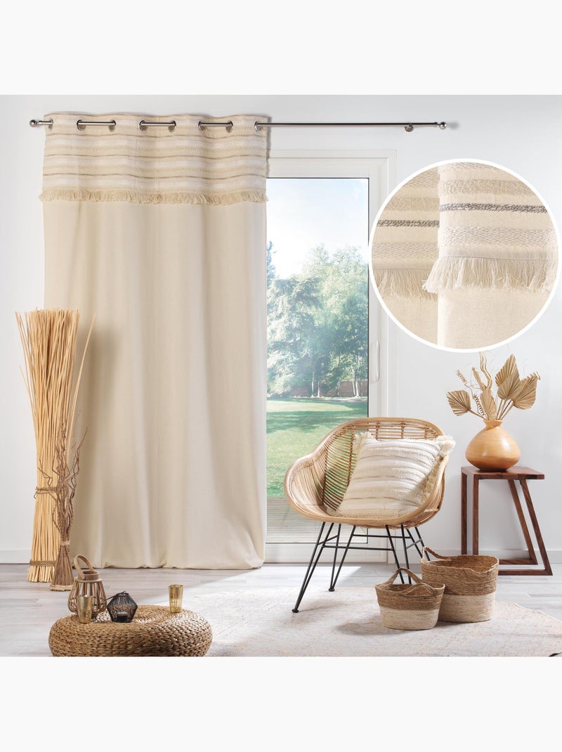 Lot de 2 Rideaux Tamisants à Œillets – Coton Uni + Top Rayé à Franges – Atlas Beige naturel - Kiabi