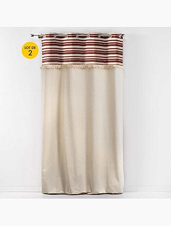Lot de 2 Rideaux Tamisants à Œillets – Coton Uni + Top Rayé à Franges – Atlas
