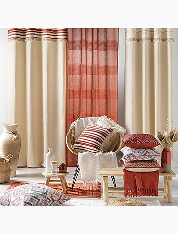 Lot de 2 Rideaux Tamisants à Œillets – Coton Uni + Top Rayé à Franges – Atlas