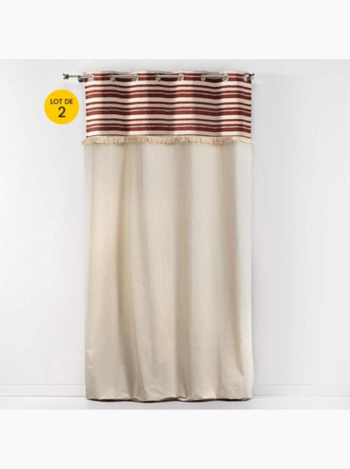Lot de 2 Rideaux Tamisants à Œillets – Coton Uni + Top Rayé à Franges – Atlas - Kiabi