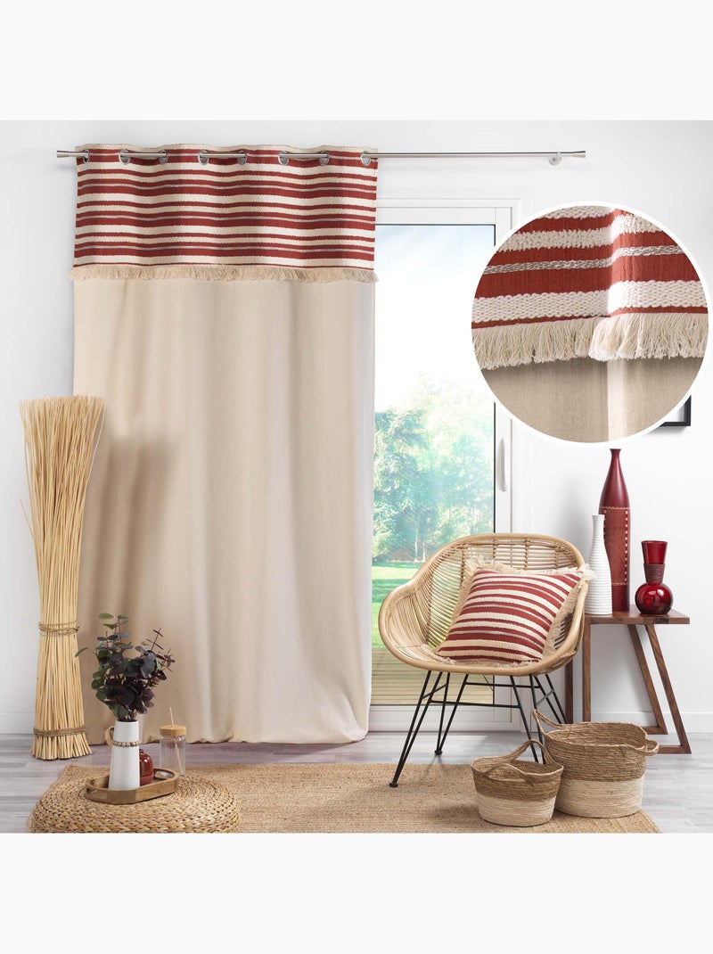 Lot de 2 Rideaux Tamisants à Œillets – Coton Uni + Top Rayé à Franges – Atlas Terracotta - Kiabi
