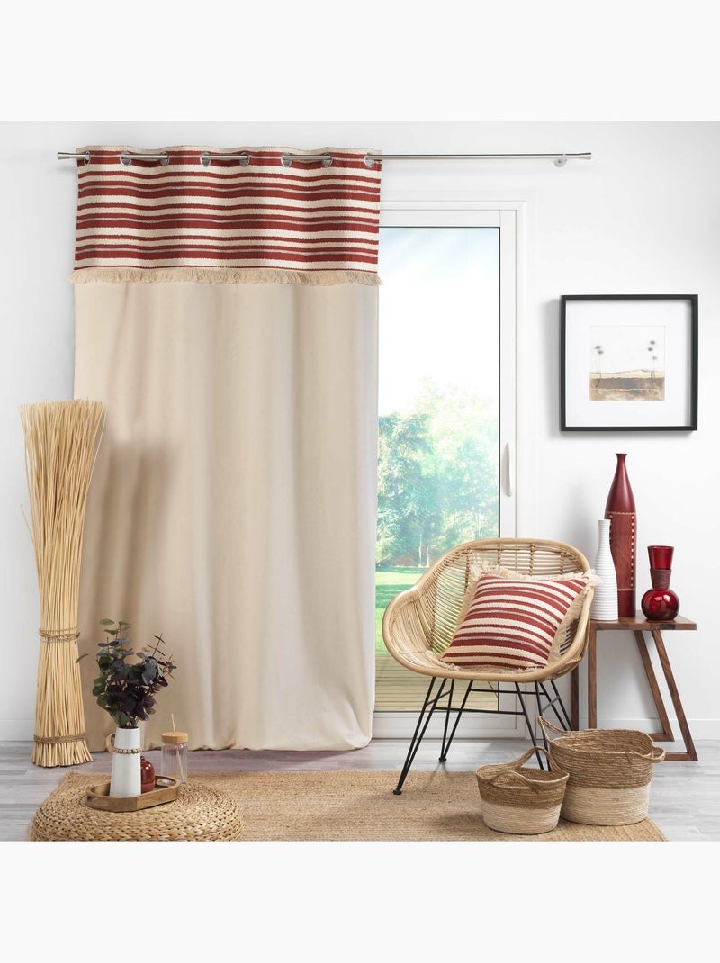 Lot de 2 Rideaux Tamisants à Œillets – Coton Uni + Top Rayé à Franges – Atlas Terracotta - Kiabi