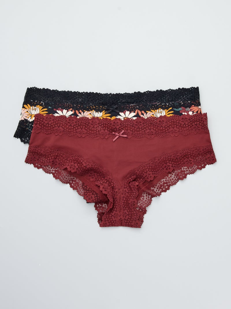 Lot de 2 shorties microfibre noir fleurs/bordeaux - Kiabi