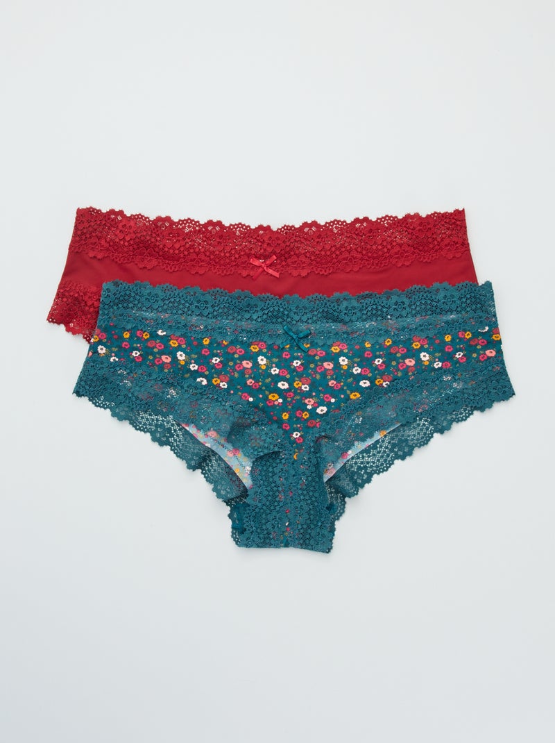 Lot de 2 shorties microfibre vert fleurs/bordeaux - Kiabi