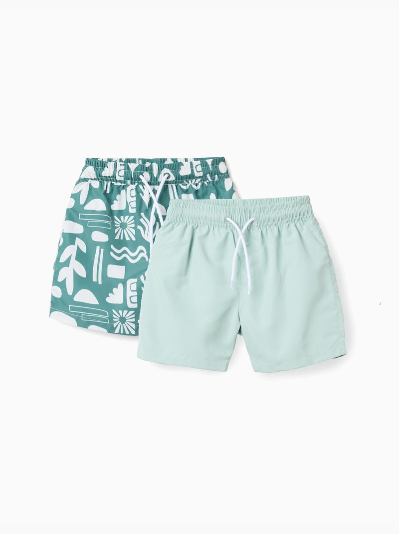 Lot de 2 shorts de bain unis/imprimés avec cordon de serrage Vert foncé - Kiabi