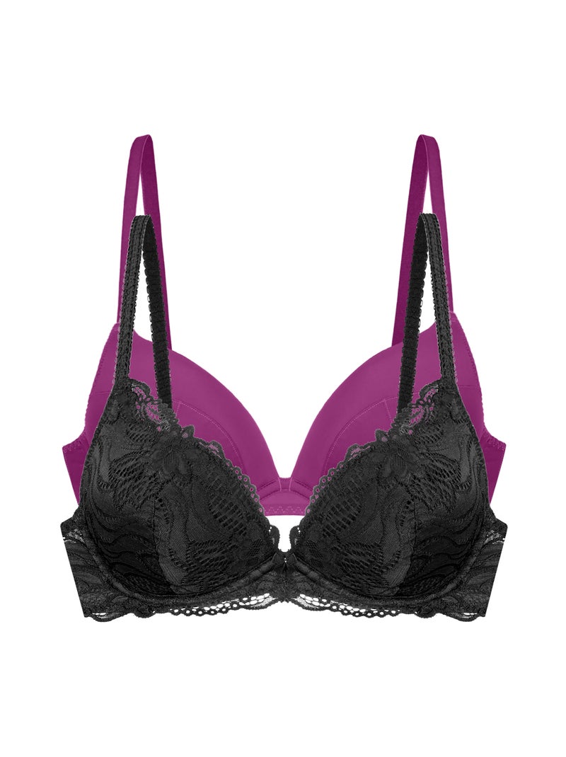 Lot de 2 soutien-gorge plongeant angie push-up Dorina Noir Violet - Kiabi