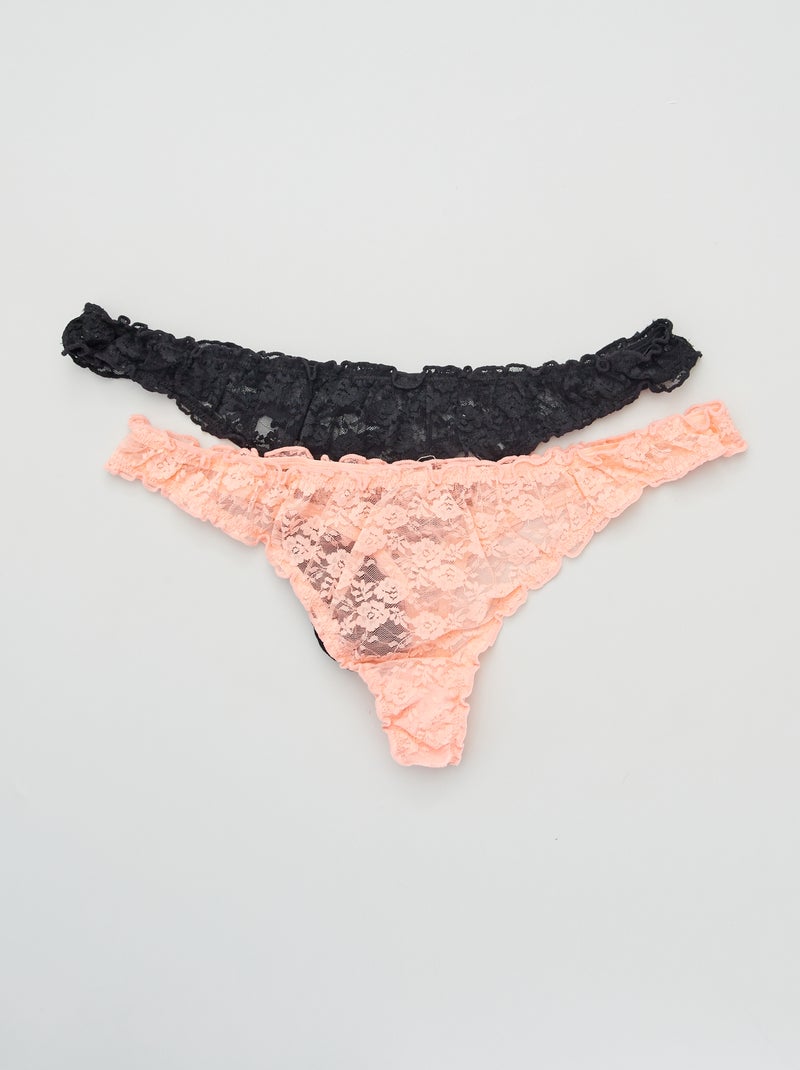 Lot de 2 strings dentelle Rose/Noir - Kiabi