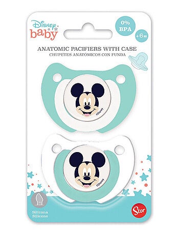 LOT DE 2 SUCETTES SILICONE ORTHODONTIQUE AVEC CLIP PROTECTION +6MOIS MICKEY COOL