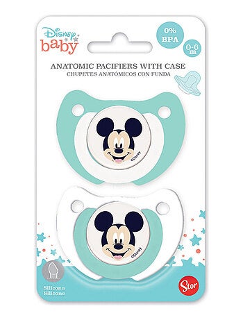 LOT DE 2 SUCETTES SILICONE ORTHODONTIQUES 0-6MOIS MICKEY