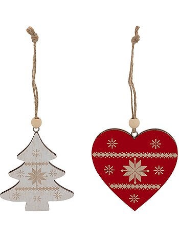 Lot de 2 sujets cœur rouge et sapin beige bois h8 cm