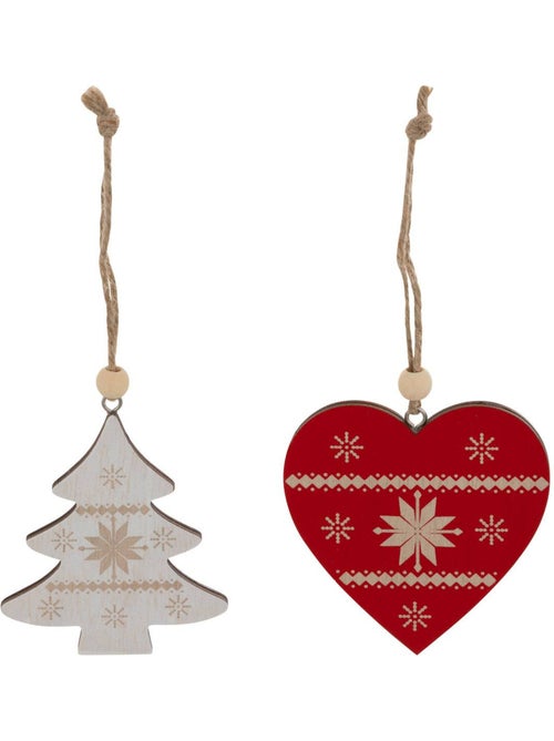 Lot de 2 sujets cœur rouge et sapin beige bois h8 cm - Kiabi