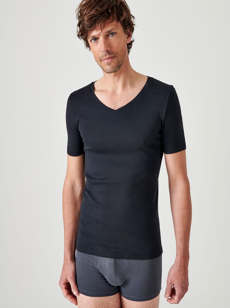 Lot de 2 t-shirts col V, manches courtes, Essential pur coton peigné - Damart Noir - Kiabi