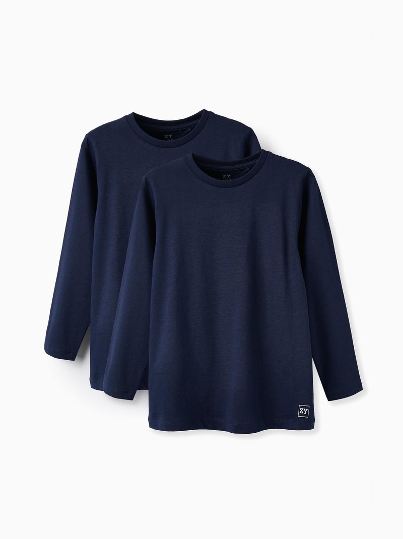Lot de 2 T-Shirts en Coton à Manches Longues Bleu foncé - Kiabi