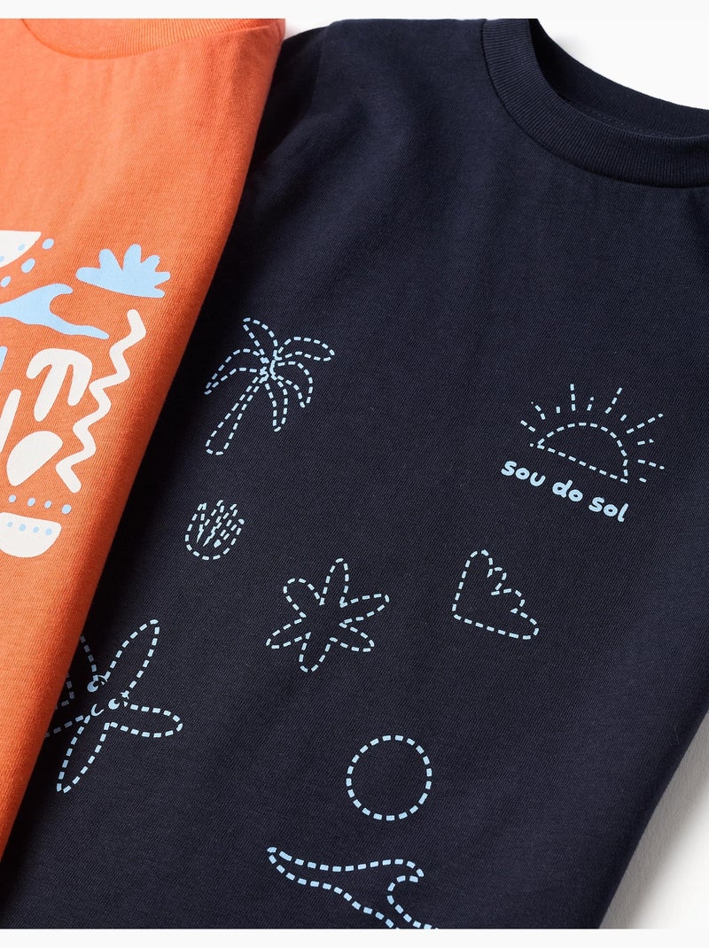 Lot de 2 T-shirts en coton avec imprimés plage Noir Orange - Kiabi