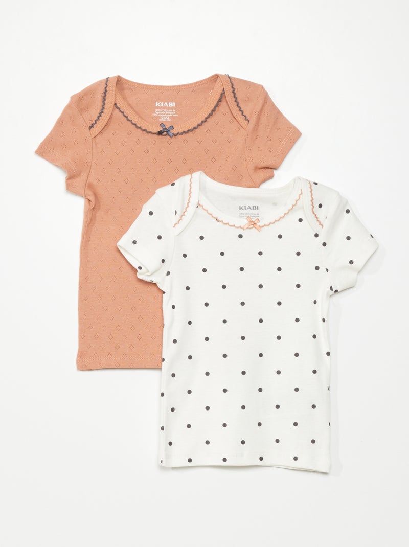Lot de 2 t-shirts en maille pointelle Blanc/brun - Kiabi