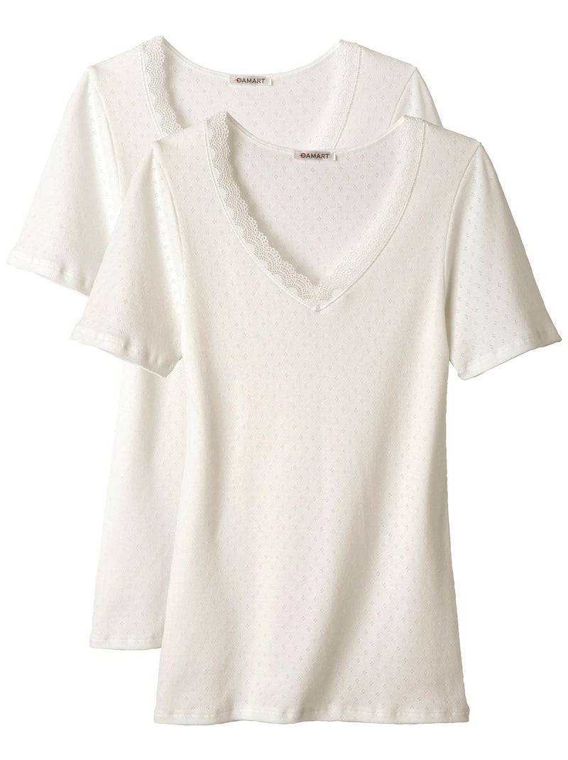 Lot de 2 t-shirts Essential maille jacquard et dentelle pur coton peigné - Damart Blanc - Kiabi