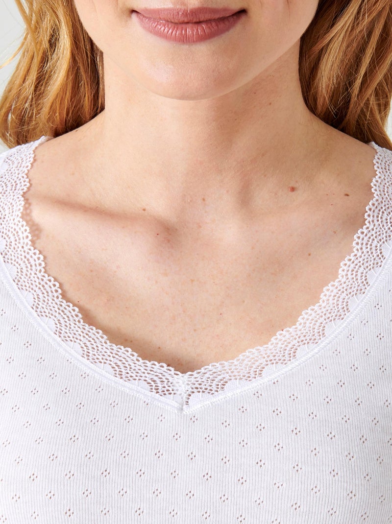 Lot de 2 t-shirts Essential maille jacquard et dentelle pur coton peigné - Damart Blanc - Kiabi