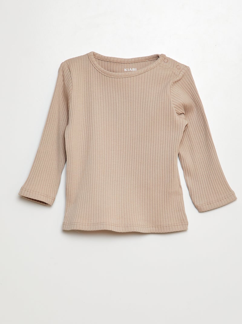 Lot de 2 t-shirts unis côtelés à manches longues Beige - Kiabi