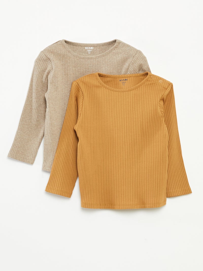 Lot de 2 t-shirts unis côtelés à manches longues Beige - Kiabi