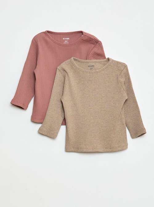 Lot de 2 t-shirts unis côtelés à manches longues - Kiabi