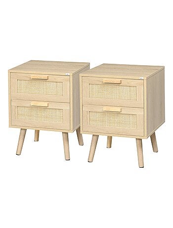 Lot de 2 tables de chevet 2 tiroirs cannage rotin bois aspect bois clair
