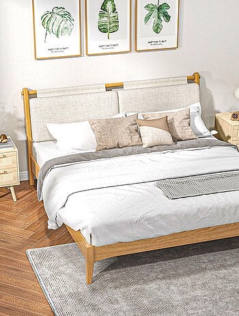 Lot de 2 tables de chevet 2 tiroirs cannage rotin bois aspect bois clair