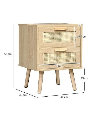 Lot de 2 tables de chevet 2 tiroirs cannage rotin bois aspect bois clair
