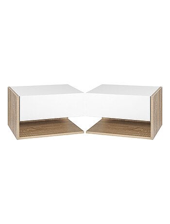 Lot de 2 tables de chevet murales - tiroir, étagère - chêne clair blanc