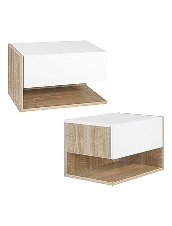 Lot de 2 tables de chevet murales - tiroir, étagère - chêne clair blanc