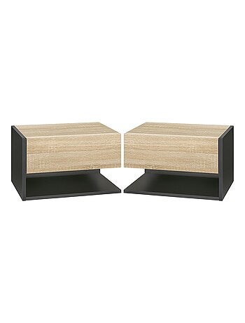 Lot de 2 tables de chevet murales - tiroir, étagère - chêne clair noir