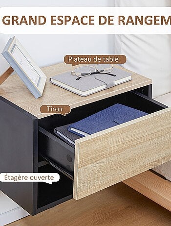 Lot de 2 tables de chevet murales - tiroir, étagère - chêne clair noir