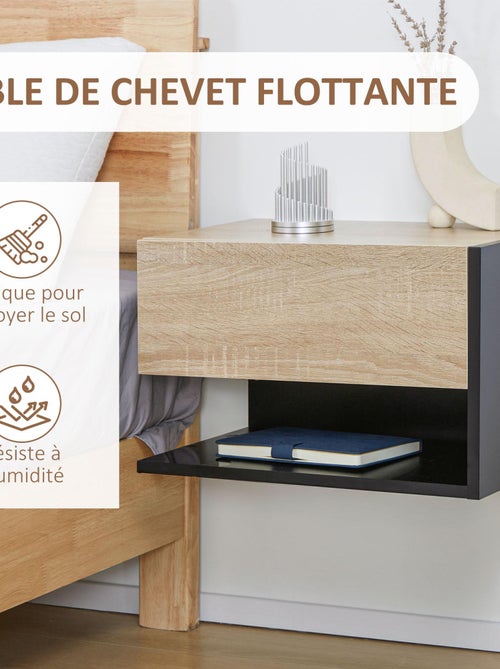 Lot de 2 tables de chevet murales - tiroir, étagère - chêne clair noir - Kiabi