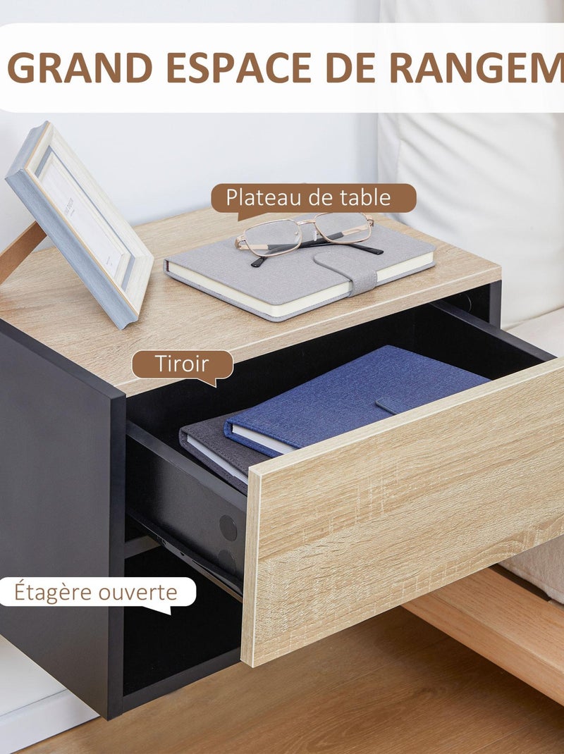 Lot de 2 tables de chevet murales - tiroir, étagère - chêne clair noir Noir - Kiabi