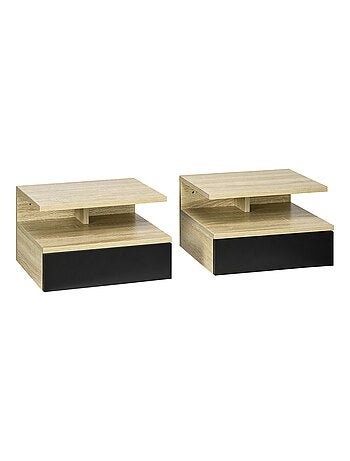 Lot de 2 tables de chevet murales - tiroir, niche - bois clair
