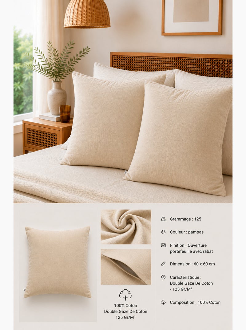 Lot de 2 Taies d’Oreiller – Double Gaze de Coton – GAÏA Beige - Kiabi