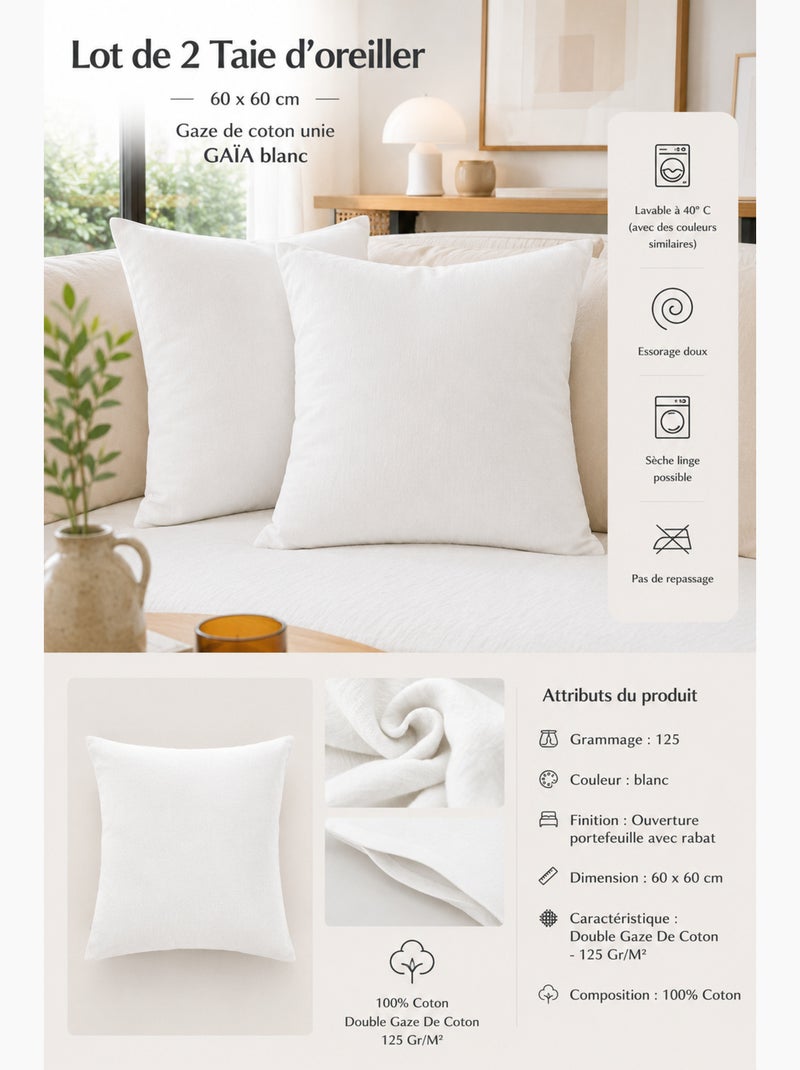 Lot de 2 Taies d’Oreiller – Double Gaze de Coton – GAÏA Blanc - Kiabi