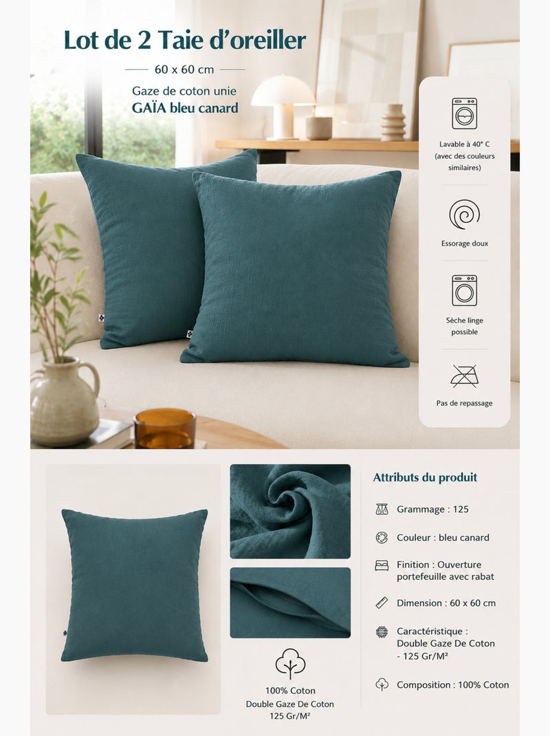 Lot de 2 Taies d’Oreiller – Double Gaze de Coton – GAÏA Bleu canard - Kiabi
