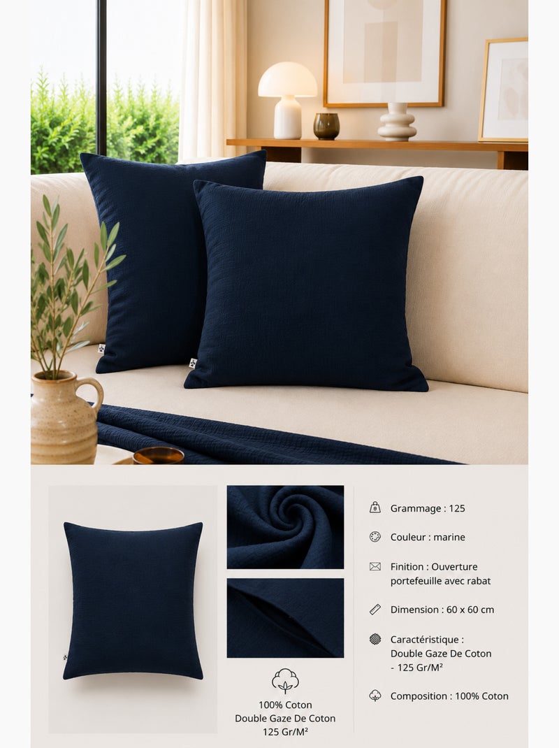 Lot de 2 Taies d’Oreiller – Double Gaze de Coton – GAÏA Bleu nuit - Kiabi