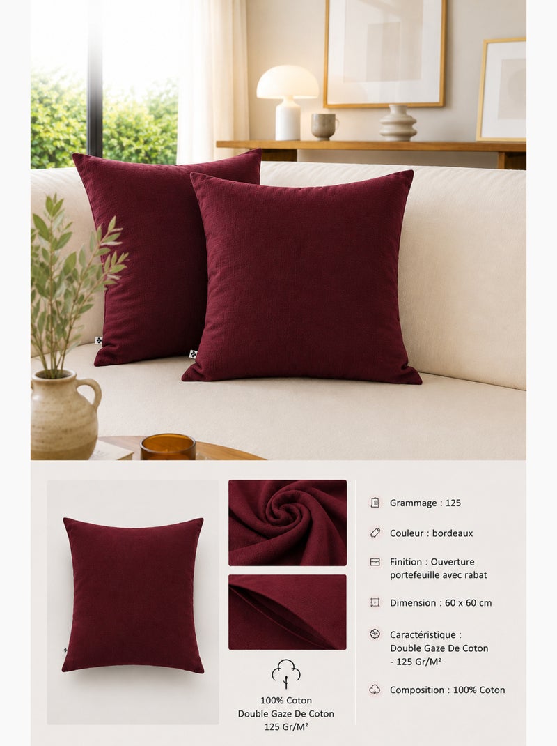 Lot de 2 Taies d’Oreiller – Double Gaze de Coton – GAÏA Bordeaux - Kiabi
